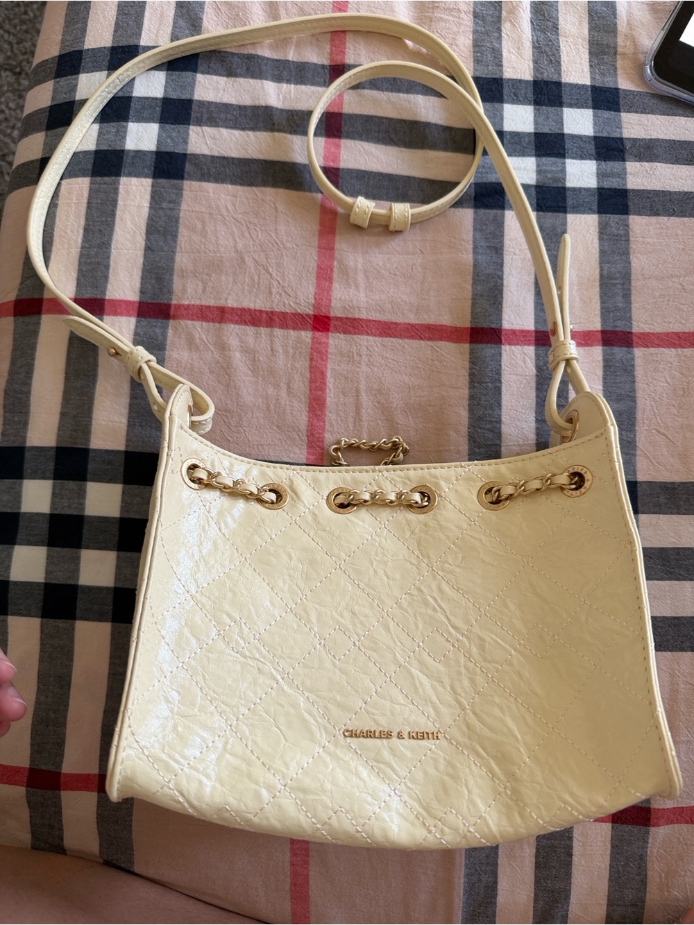 Charles & Keith Cream Quilted Shoulder Crossbody with Gold Chain Accents
